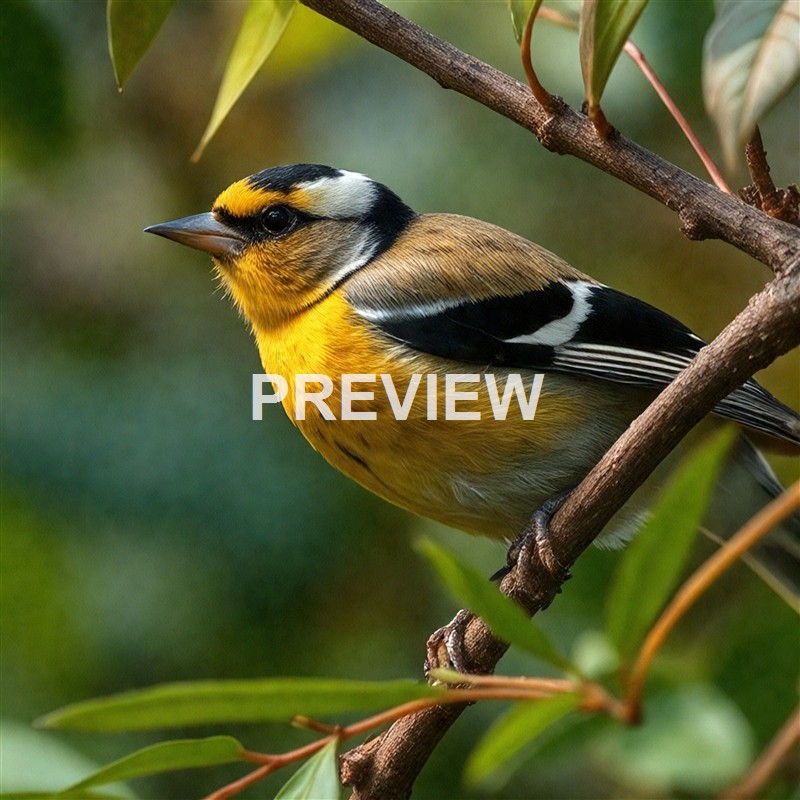 The image shows a colorful bird perched on a branch among green leaves. The bird has a bright yellow chest, black and white markings on its head, and black and white wings, with a sharp beak and dark eyes. The background is blurred, emphasizing the bird and the foliage around it.